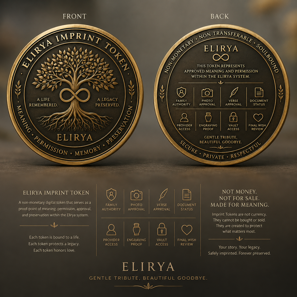 Ternvia Imprint Token medallion showing front and back designs for meaning, permission, approval, and preservation