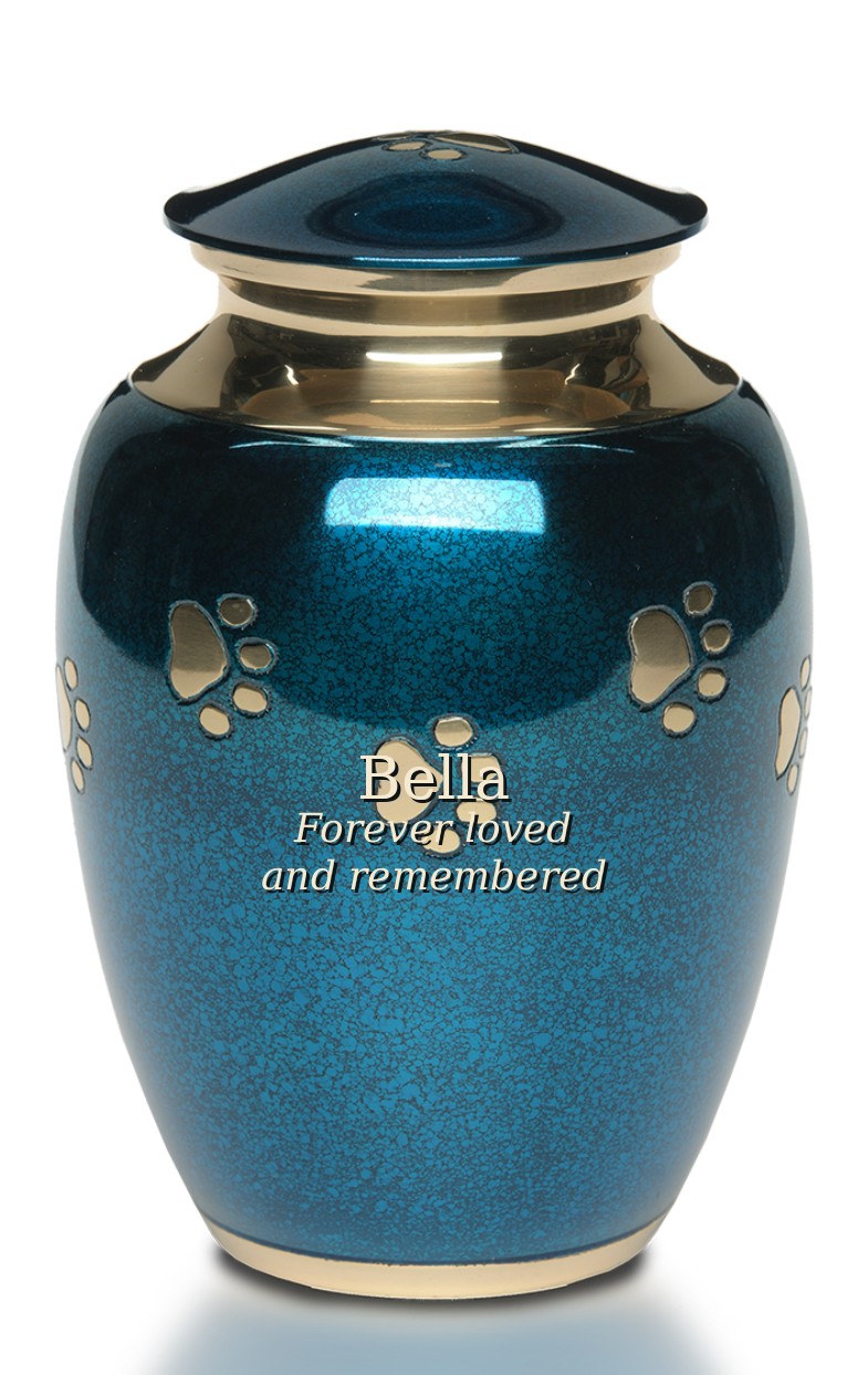Blue paw print urn with large tribute text mockup