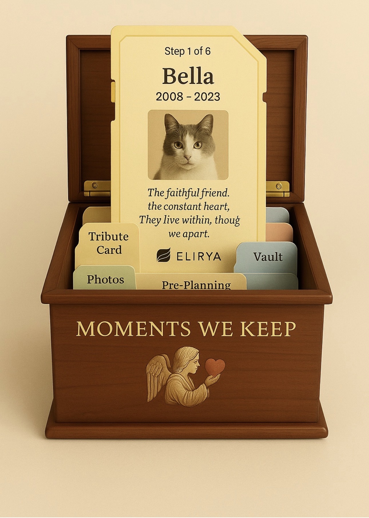 Moments We Keep pet memorial record box with Bella tribute card, photos, pre-planning, and Vault tabs