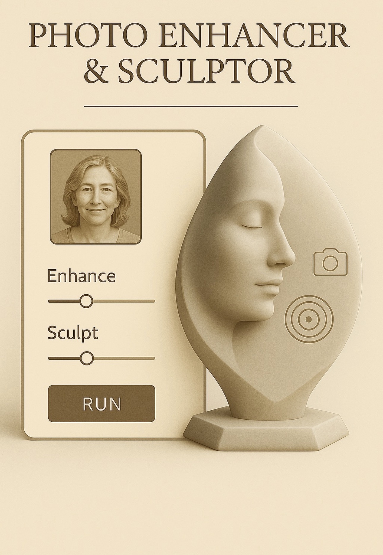 Photo Enhancer and Sculptor visual showing a portrait connected to a sculpted memorial form