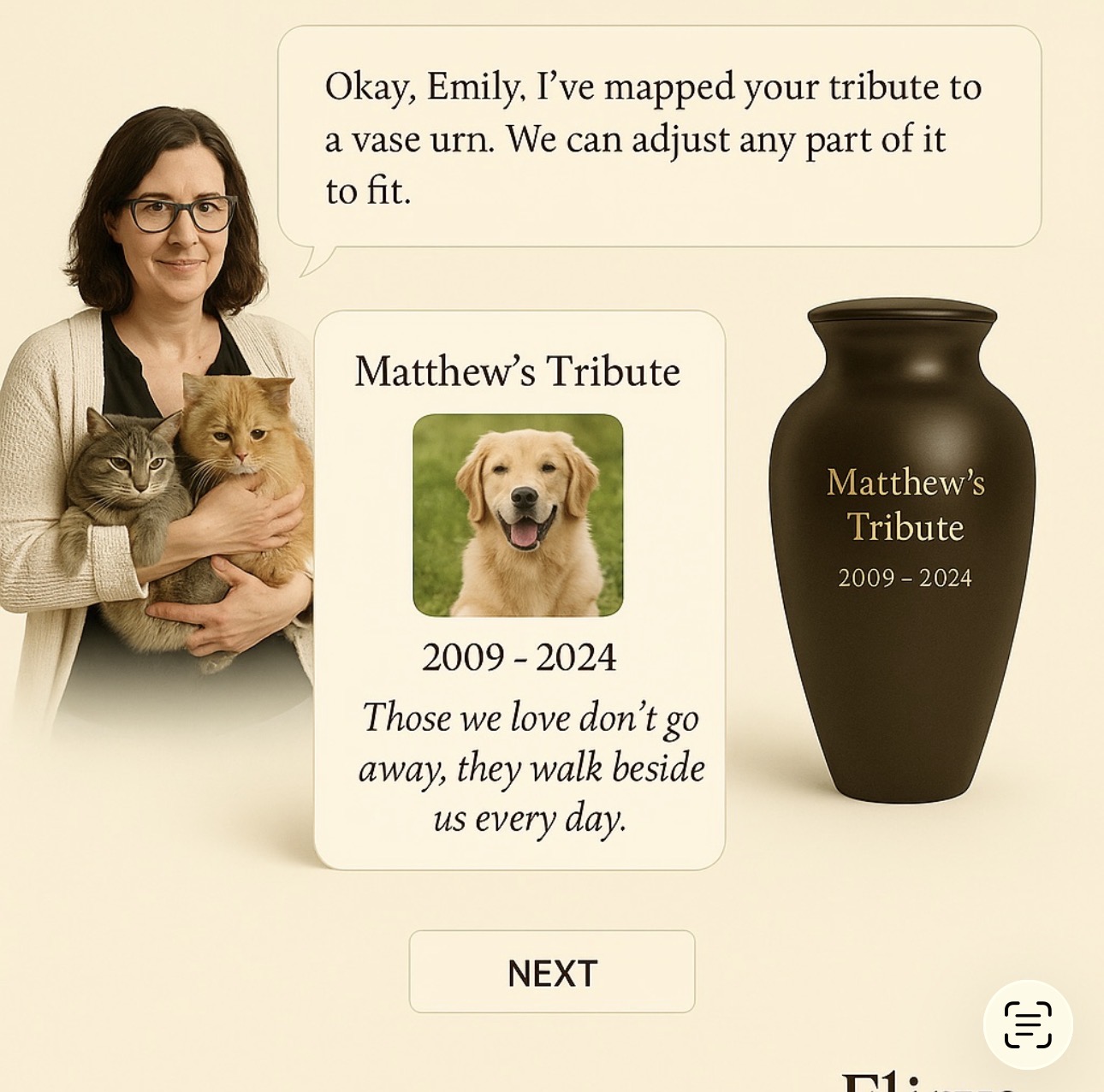 Bella guide mapping tribute card information to a vase urn layout